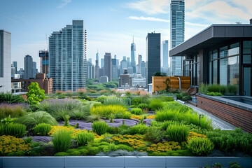 Fototapeta premium Lush Urban Rooftop Garden Overlooking a Busy Cityscape with Modern Architecture and a Variety of Green Plants