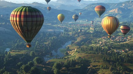 Fototapeta premium Colorful hot air balloons soaring over serene landscapes scenic valley aerial photography morning light adventure and tranquility
