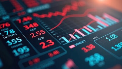 Obraz premium Financial data display shows GDP growth inflation rates, unemployment figures overlayed on stock market ticker. Economic indicators displayed on screen with graph charts. Data visualization of