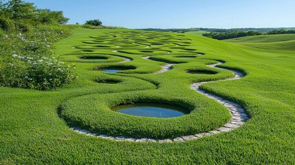 Serpentine Garden Maze  Lush Green Landscape Design  Winding Pathways  Water Features