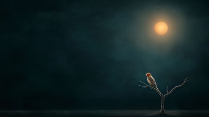 Fototapeta premium Solitary Bird on Dead Tree Branch Under Night Sky Full Moon