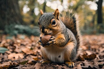 Obraz premium Adorable Squirrel Enjoying A Nut In Autumn Leaves