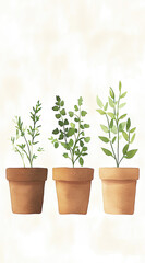 Fototapeta premium Delicate Herbs in Pots A Watercolor Illustration for Culinary and Art Enthusiasts