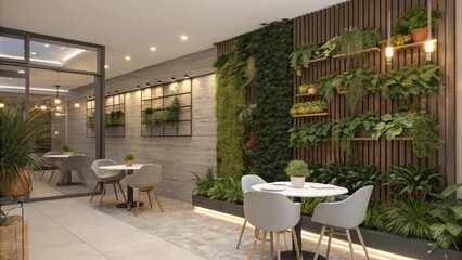 Obraz premium A stunning array of potted plants thrives on the vertical garden wall offering a refreshing ambiance. The modern dining setup consists of minimalist furnishings complemented by