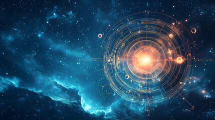 Obraz premium Celestial chart glowing with cosmic symbols and planets in a starry night sky. Starry. Illustration