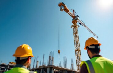 Construction workers supervise tower crane operation at building site. Yellow safety helmets, vests. Sunny day. Workers watch crane activity. Concrete structure under construction. Modern building