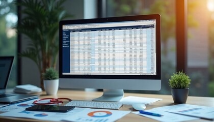 Modern office desk with tech devices, financial docs. Spreadsheet on computer screen displays detailed medical bill codes. Data analysis, financial reports visible on papers. Modern tech used for