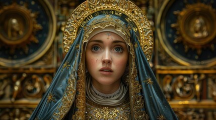 Obraz premium Young woman in ornate religious headdress, gazing intently.