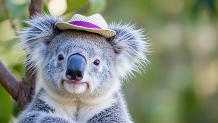 Obraz premium Adorable Koala in a Hat: Perfect for Wildlife, Nature, and Animal Lovers
