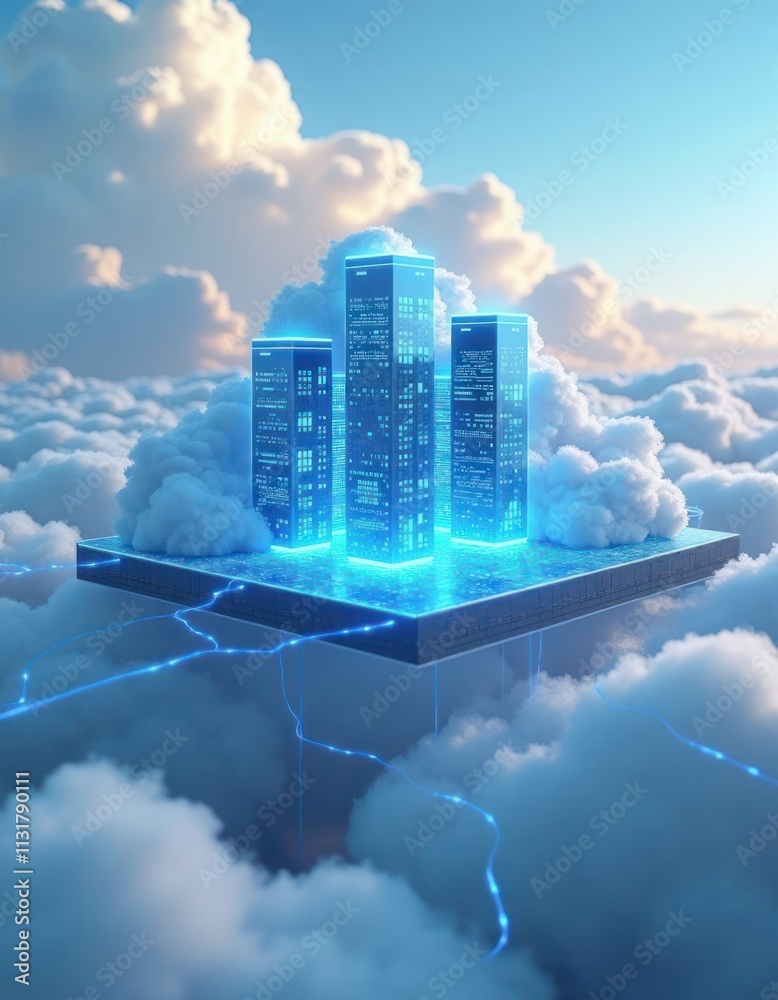 Fototapete futuristic virtual cloud computing infrastructure. city of virtual machines floats above clouds. res