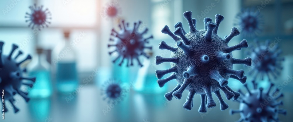 Poster Closeup view of virus particles in lab setting. Microscopic examination of virus structure. Medical research, development. Blue colored virus particles. Science lab equipment. Scientific research.
