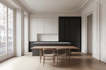 Fototapeta premium Modern kitchen with dark cabinets, wooden table, and herringbone floors in a classic Parisian apartment.