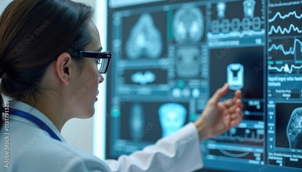 Poster medical pro examines advanced diagnostic tech display. doctor analyzes complex scans on high-tech sc