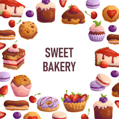 Template with desserts for flyer, baking party, birthday, sweet food banner, sale. Space for text. Vector illustration.