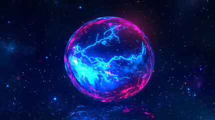 Fototapeta premium Glowing, electric sphere emits vibrant blue lightning against starry backdrop, creating mesmerizing cosmic scene. incandescent sphere shimmers with cerulean and red hues. Cerulean. Illustration