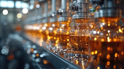 Amber liquid filling production line.