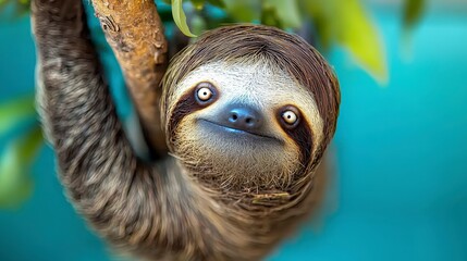 Fototapeta premium Adorable Sloth Hanging on Tree Branch in Lush Tropical Rainforest