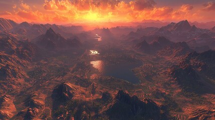 Naklejka premium Epic sunset over vast mountain range and lake landscape.