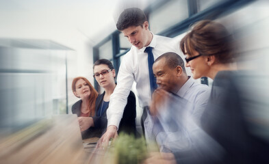 Blur, laptop and coaching with business people in meeting for planning, teamwork or mentor....