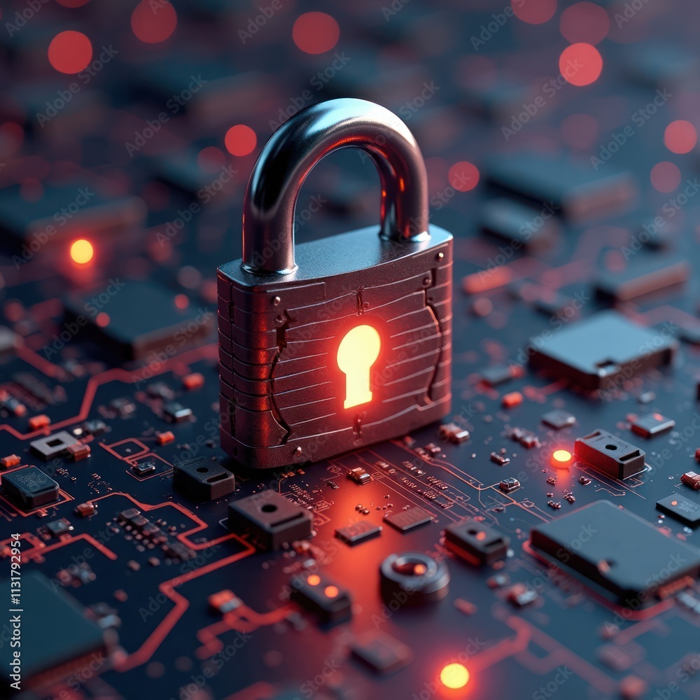 Poster cybersecurity concept shown with padlock on circuit board. secure tech data protection. modern digit