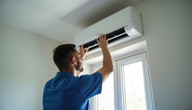 Technician repairs air conditioner indoors. Man adjusts air conditioning unit. Room has window. Pro service. Home maintenance. Interior. HVAC repair. Cooling system. Repairing equipment.