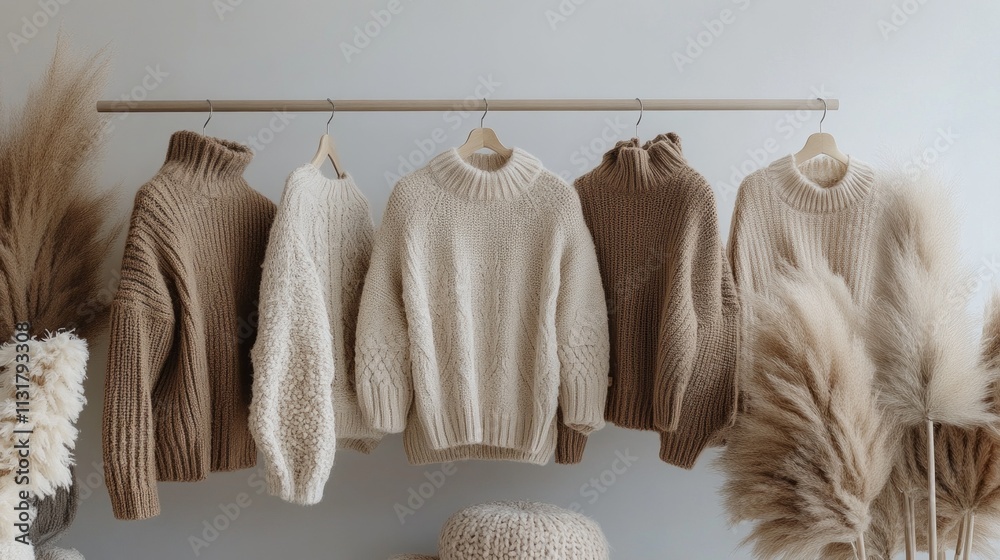 Poster a minimalist display highlights an array of neutral-toned sweaters hanging gracefully on a rack, per