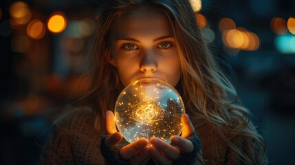 Naklejka premium Woman holding glowing orb at night.