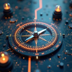 Naklejka premium Futuristic compass sits on tech circuit board. Advanced navigation tech. Modern guidance. High-tech direction device. Illustration shows innovation in navigation. Trendy tech product design. Modern