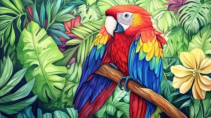 Obraz premium Scarlet Macaw Perched Amidst Lush Tropical Foliage