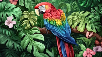 Fototapeta premium Scarlet Macaw Perched Amongst Lush Tropical Foliage