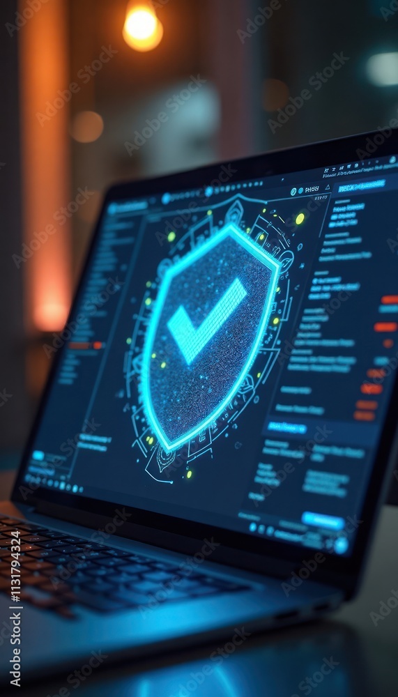 Aufkleber Laptop screen shows tech security checkmark. Secure system displays protection. Illustration shows digital safety on portable device. Cybersecurity graphic on computer. Modern tech protection. System