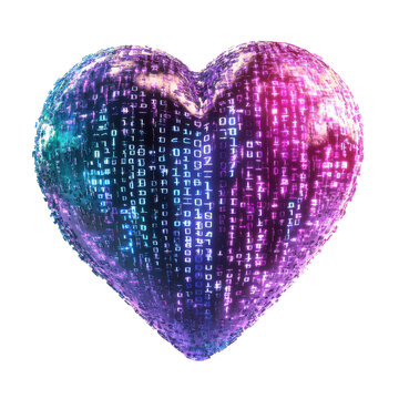 Colorful heart shape design with binary code pattern, white isolated background.