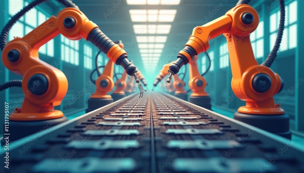 Fototapete Orange robotic arms assemble parts on automated production line. Precise parts move on conveyor. Factory environment shows automated manufacturing process. High tech production line in focus. Tech