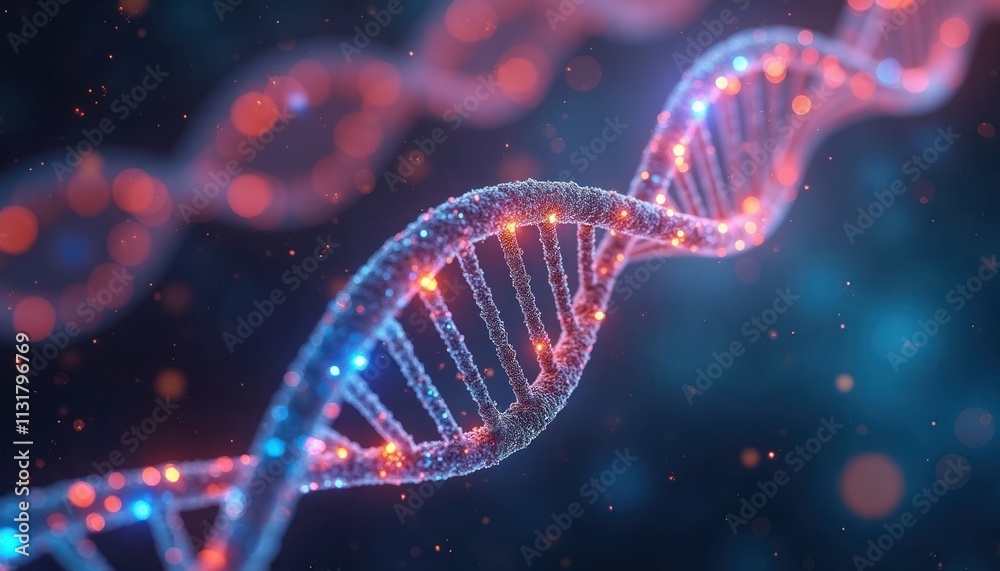 Aufkleber Abstract glowing DNA helix against cosmic backdrop. Vibrant multicolored light radiates from detailed structure. Image shows complex scientific element in mesmerizing style. Great for bio tech
