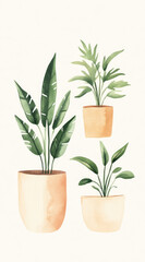 Fototapeta premium Geometric Pots with Potted Plants A Watercolor Study in Contemporary Design