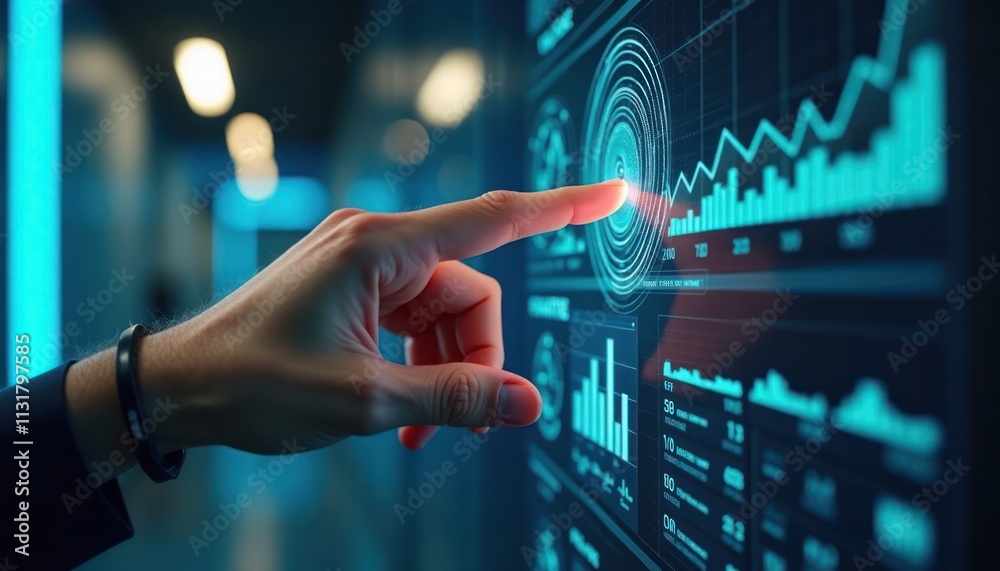 Poster hand interacts with digital interface displaying tech trends, data analysis in futuristic setting. p