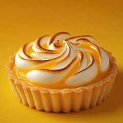 delicious lemon tart with buttery crust, filled with tangy lemon curd and topped with toasted meringue, set against vibrant yellow background