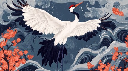Obraz premium Elegant crane soaring through a vibrant landscape with flowers