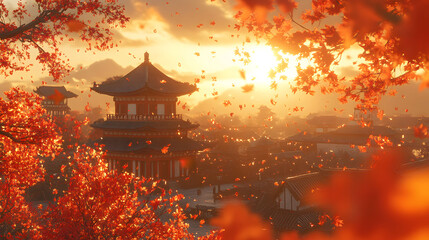 Obraz premium Autumn Sunset Over Ancient Chinese Architecture