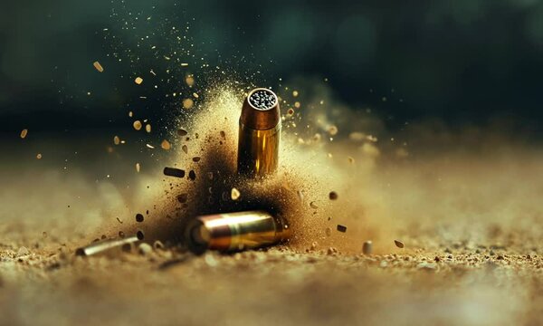 Two spent .45 ACP pistol cartridges on arid ground.