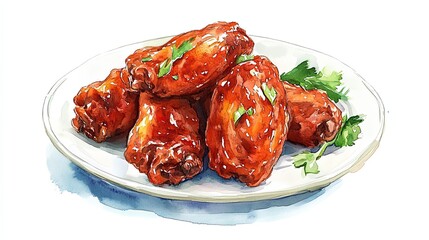 A Watercolor Painting of Delicious Glazed Chicken Wings