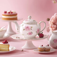 white porcelain teapot with pink rose design sits elegantly on cake stand, surrounded by delicious cakes and cupcakes, creating charming tea party setting