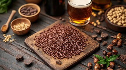 Chocolate malt balls with beer and snacks.