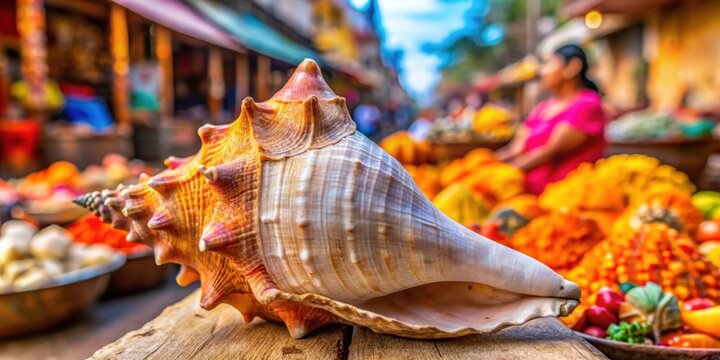 Close-up view of conch or shankh in a vibrant Indian market, holy, pious, conch, shankh, Indian, market