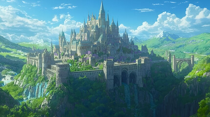 Fototapeta premium Majestic Mountaintop Castle Amidst Lush Greenery and Blue Skies