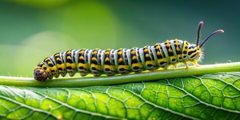 Fototapeta premium Caterpillar crawling on a green leaf, caterpillar, insect, leaf, nature, close-up, macro, green, crawling, wildlife, garden