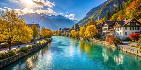 Beautiful river in Interlaken Switzerland on a sunny autumn day, Interlaken, Switzerland, river, autumn, sunny, day
