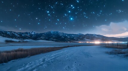 Obraz premium Starry Night Sky Over Snowy Mountain Range And Frozen Road