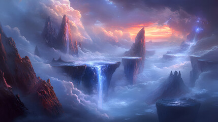 Naklejka premium Floating Islands Waterfall Fantasy Landscape
