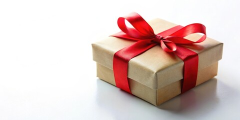 Obraz premium A beautiful gift box with a red ribbon on a white background, gift, present, surprise, celebration, birthday